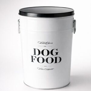 White Dog Food Storage Bin with Black Lid